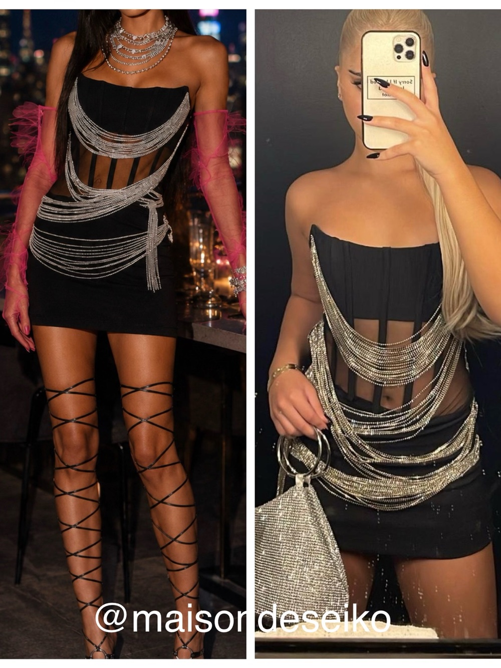 NWT NBD Mini Dress Black Amiah Rhinestone Beaded Fringe Corset Strapless size S